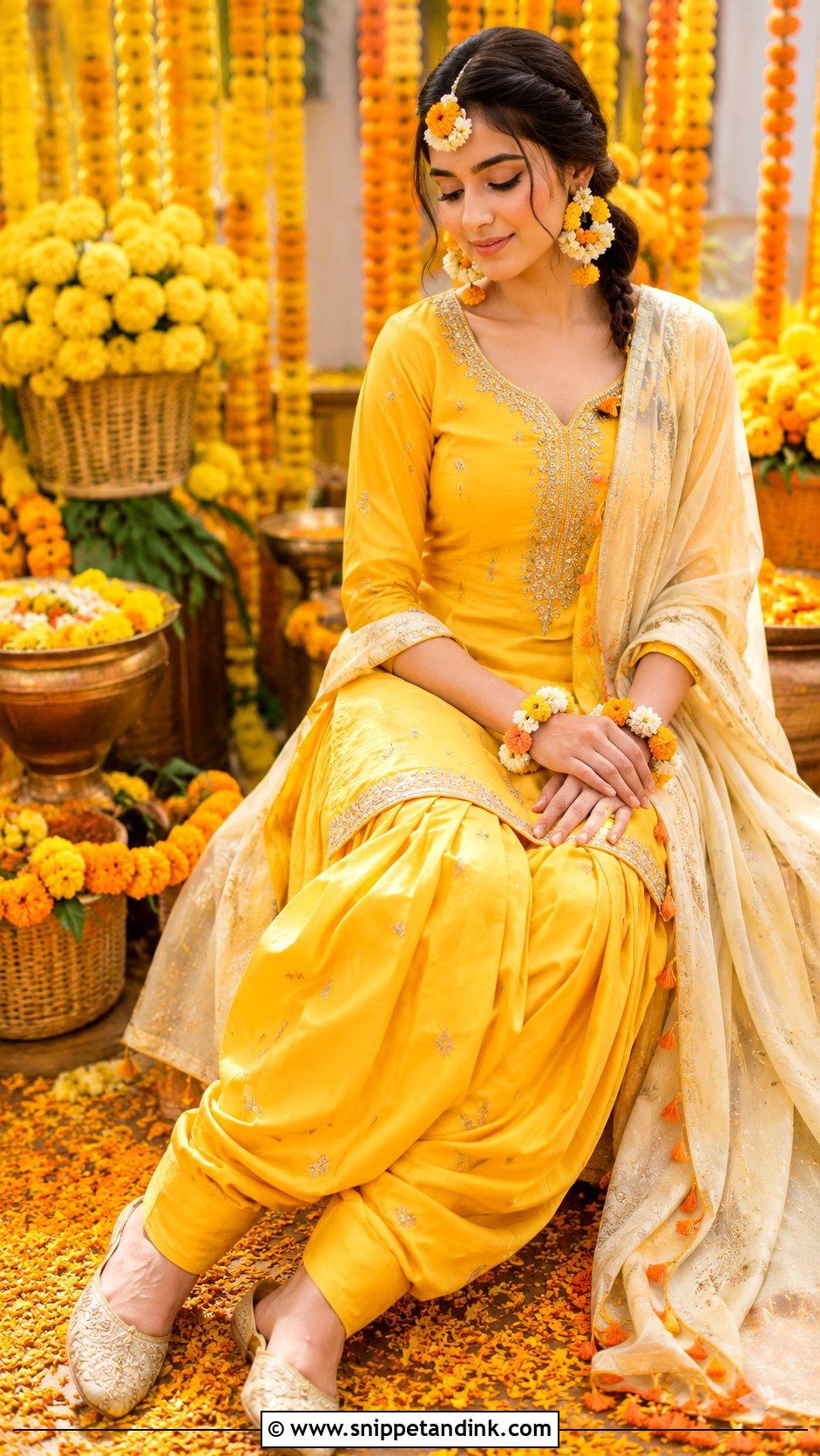Yellow Patiala Suit With Marigold Accessories - Snippet and Ink - 20 Yellow Patiala Suit for Haldi Ideas