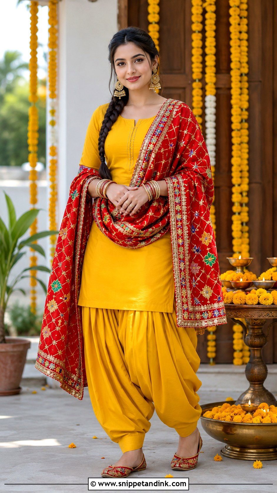 Yellow Patiala Suit With Red Phulkari Dupatta - Snippet and Ink - 20 Yellow Patiala Suit for Haldi Ideas
