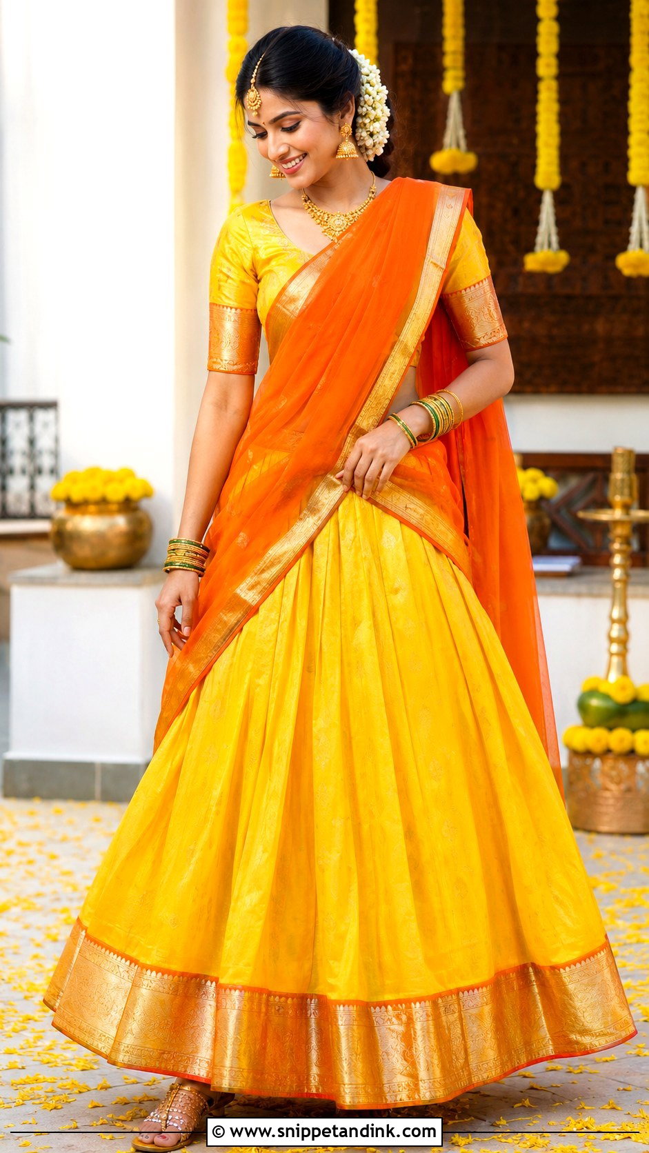 Yellow Pavadai Dhavani Haldi Outfit - Snippet and Ink - 25 South Indian Haldi Outfit Ideas