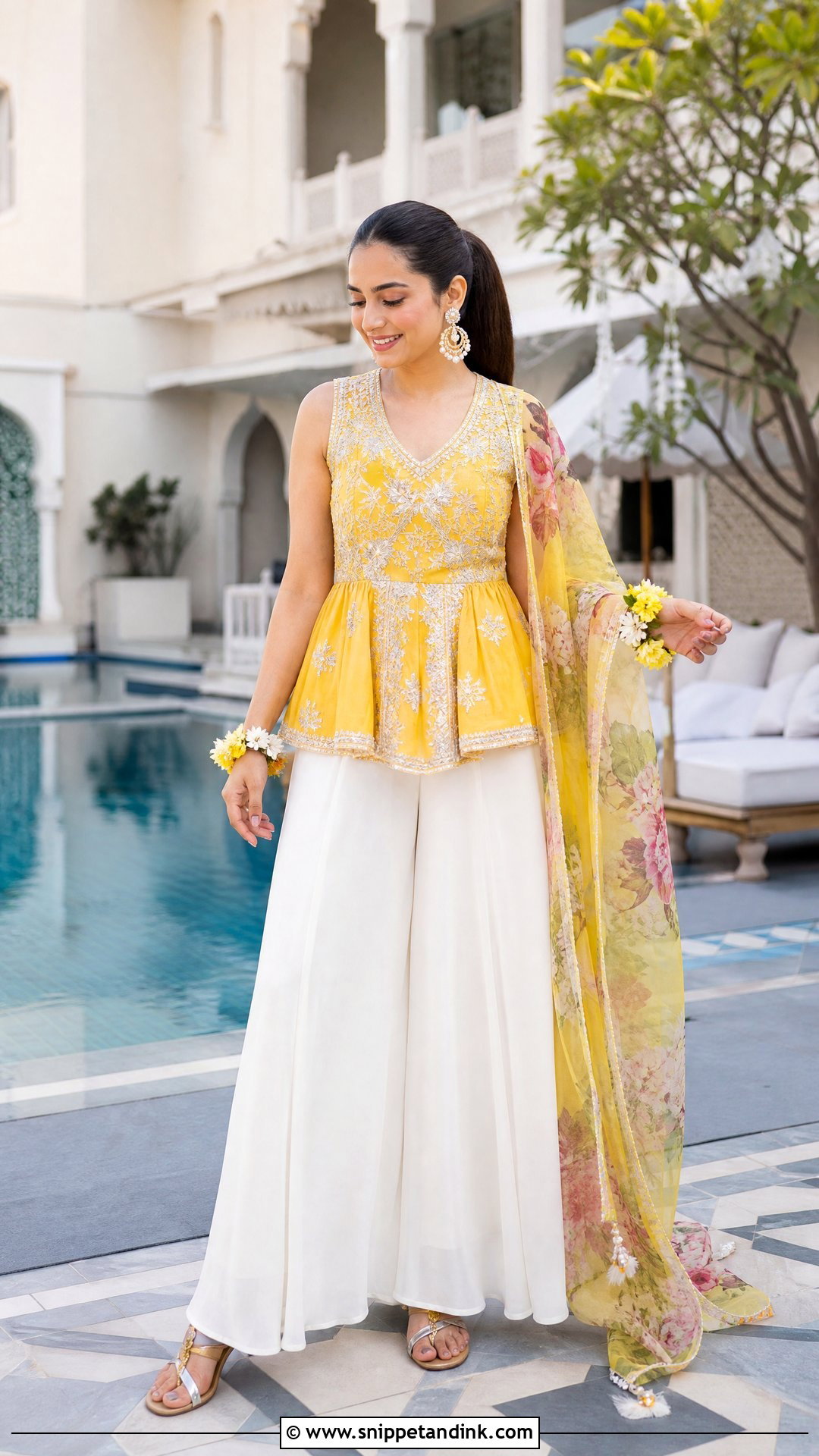 Yellow Peplum And White Palazzo Poolside Haldi Outfit - Snippet and Ink - 20 Pool Side Haldi Outfits
