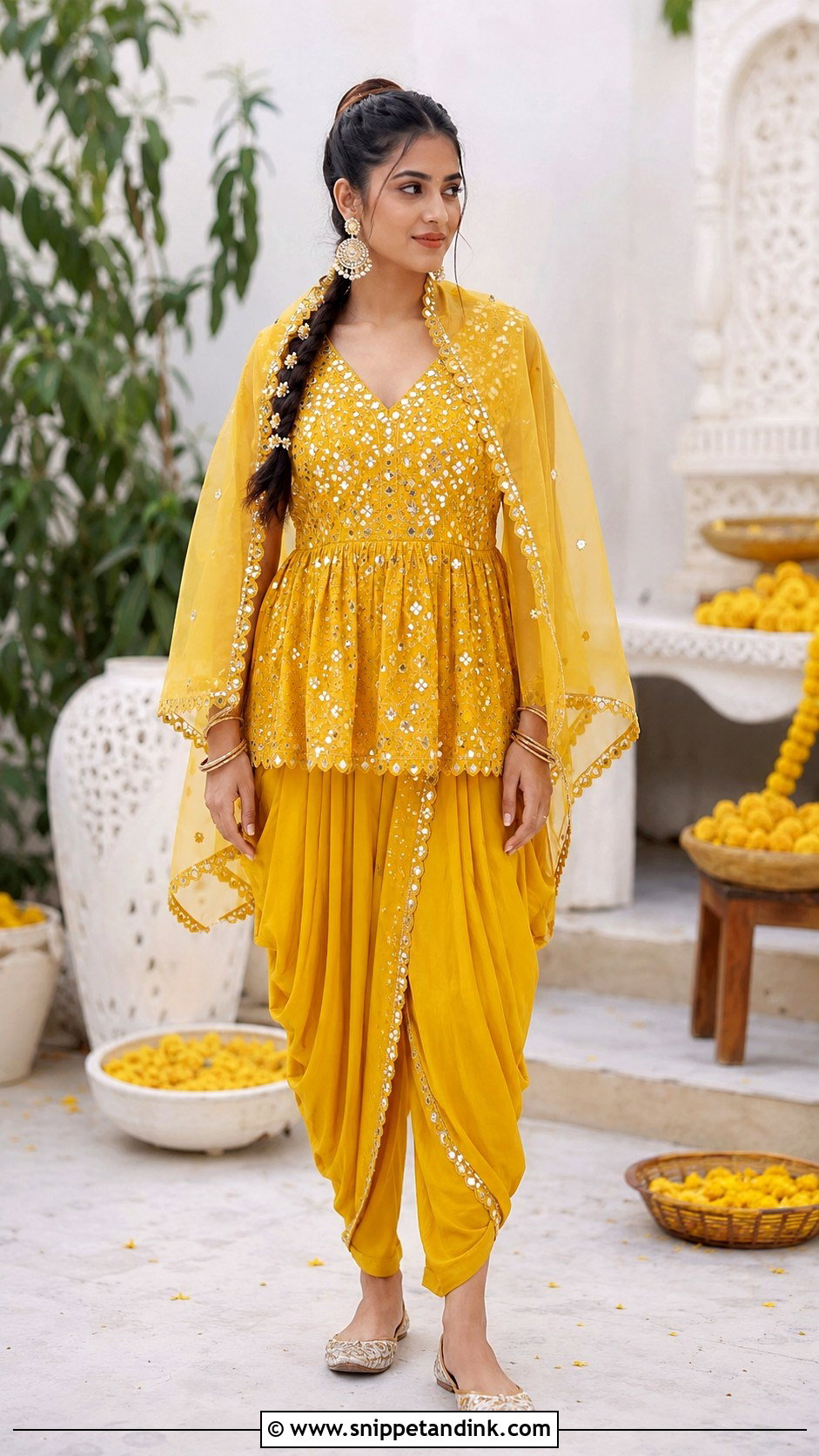 Yellow Peplum Dhoti Haldi Outfit - Snippet and Ink - 20 Haldi Traditional Outfit Ideas