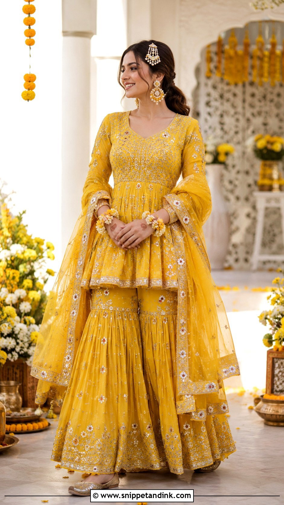 Yellow Peplum Gharara Haldi Outfit - Snippet and Ink - 20 Indian Bride Haldi Outfit Ideas