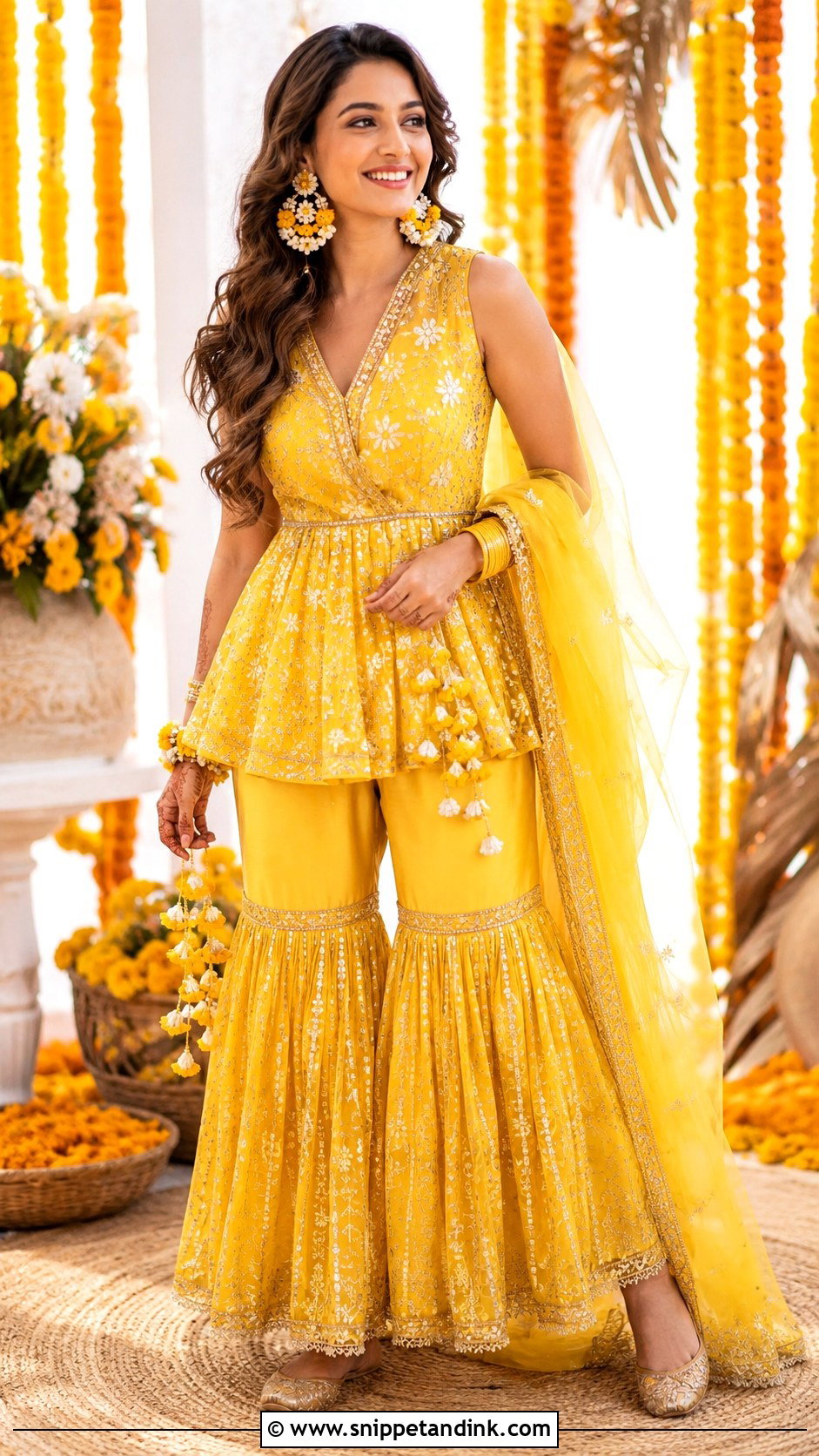 Yellow Peplum Haldi Sharara - Snippet and Ink - 30 Indian Bridal Haldi Outfit Ideas