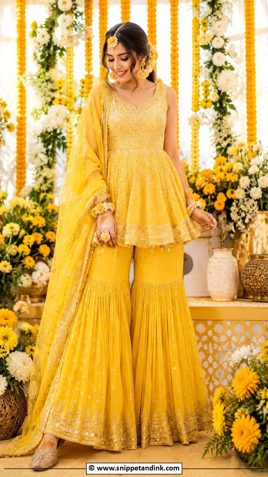 Yellow Peplum Sharara For Bride - Snippet and Ink - 30 Haldi Outfit Ideas for Bride