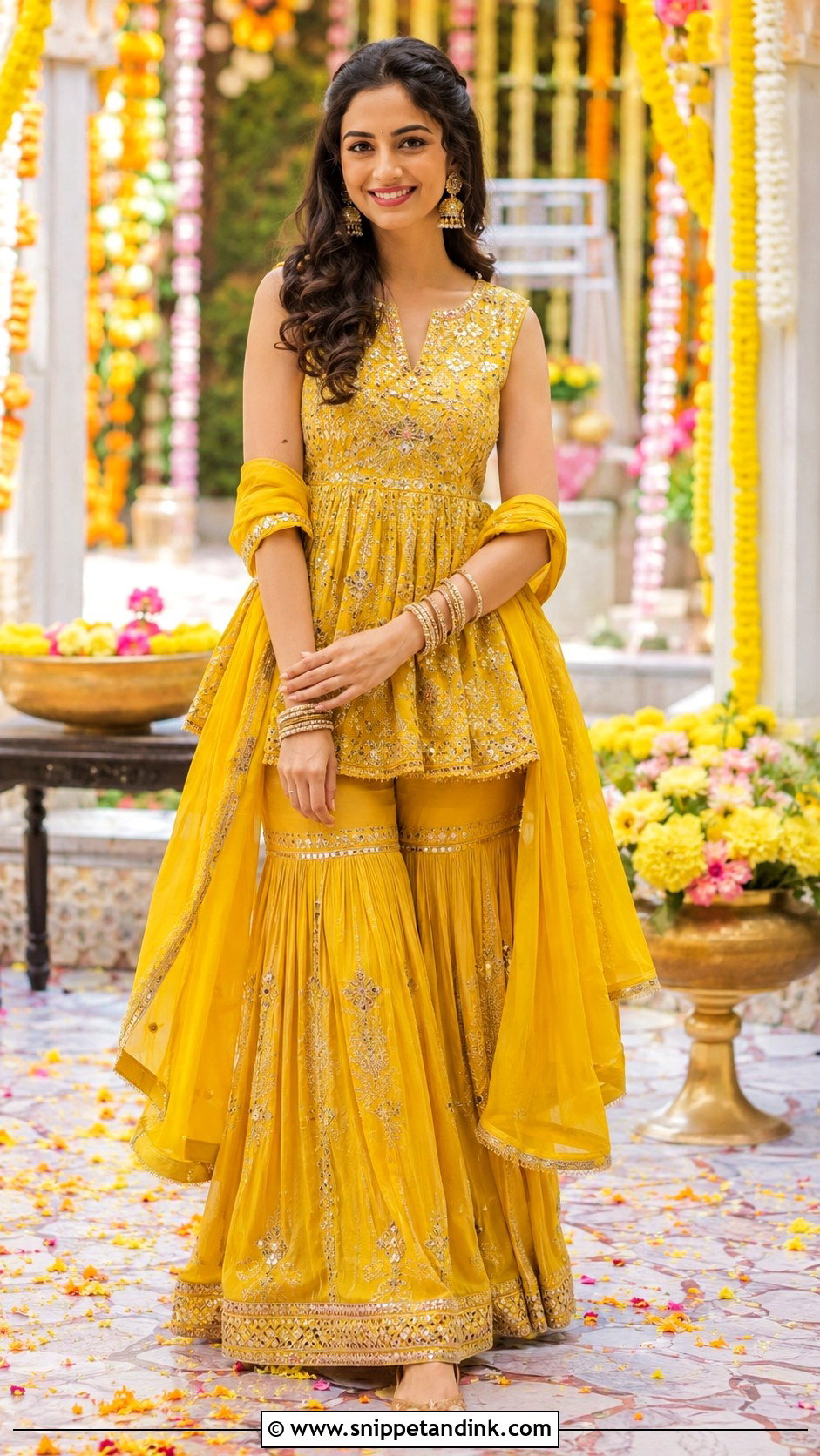 Yellow Peplum Sharara For Haldi - Snippet and Ink - 25 Haldi Dress for Bride Sister Ideas