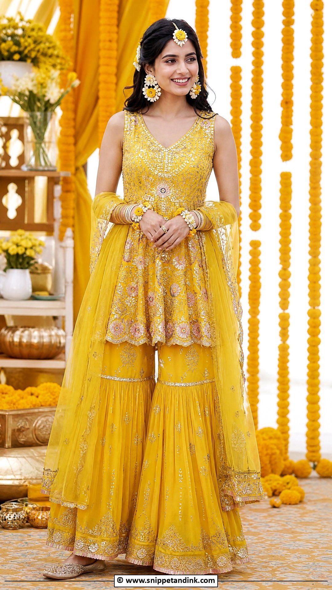 Yellow Peplum Sharara For Haldi Ceremony - Snippet and Ink - 35 Haldi Ceremony Outfit for Bride Ideas