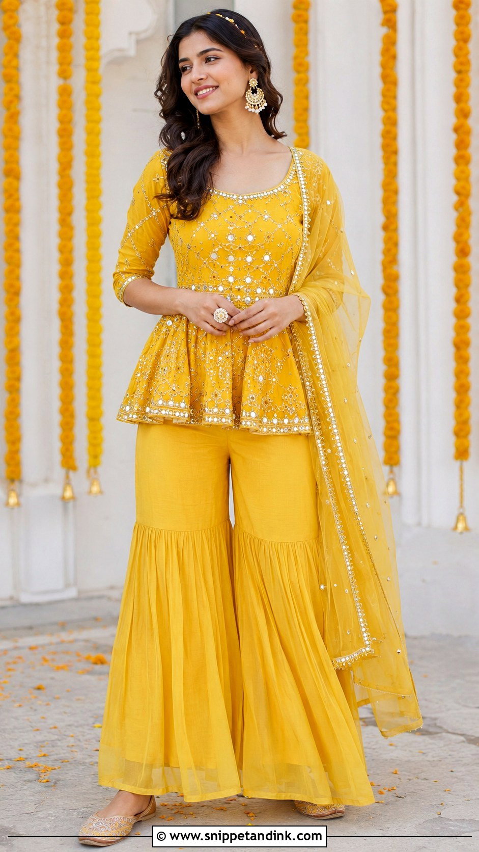Yellow Peplum Sharara Haldi Outfit - Snippet and Ink - 20 Haldi Ceremony Outfit for Girls Ideas