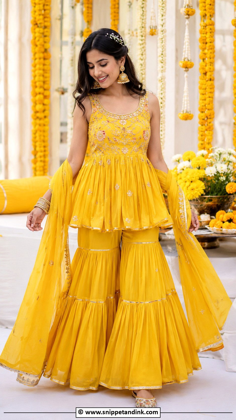 Yellow Peplum Sharara Haldi Outfit - Snippet and Ink - 30 Haldi Theme Ideas Outfit