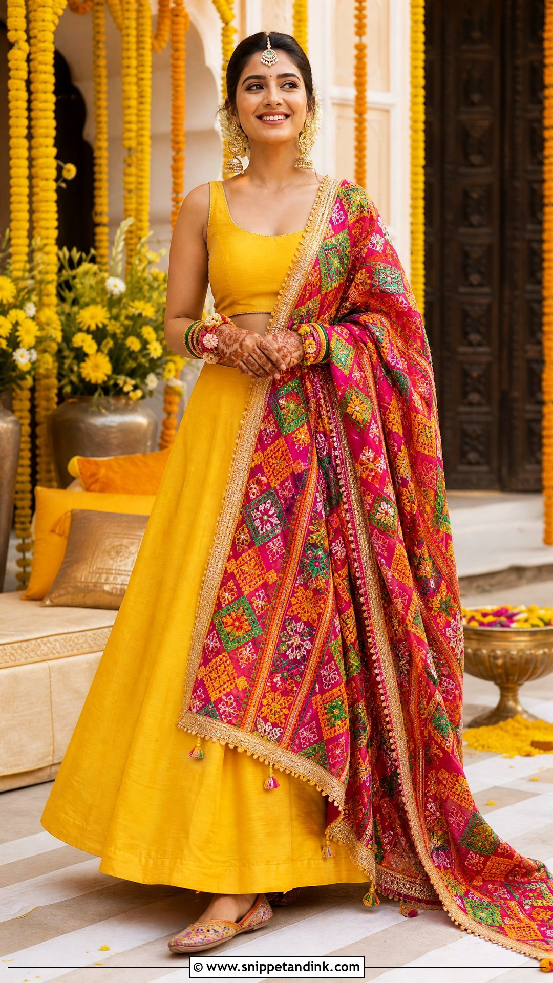 Yellow Phulkari Haldi Lehenga - Snippet and Ink - 20 Unique Haldi Outfit for Bride Ideas