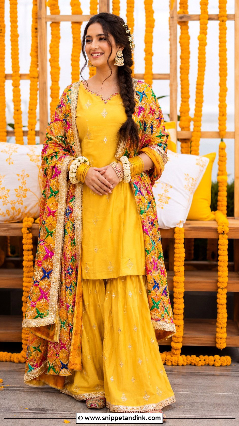 Yellow Phulkari Haldi Outfit - Snippet and Ink - 30 Indian Bridal Haldi Outfit Ideas