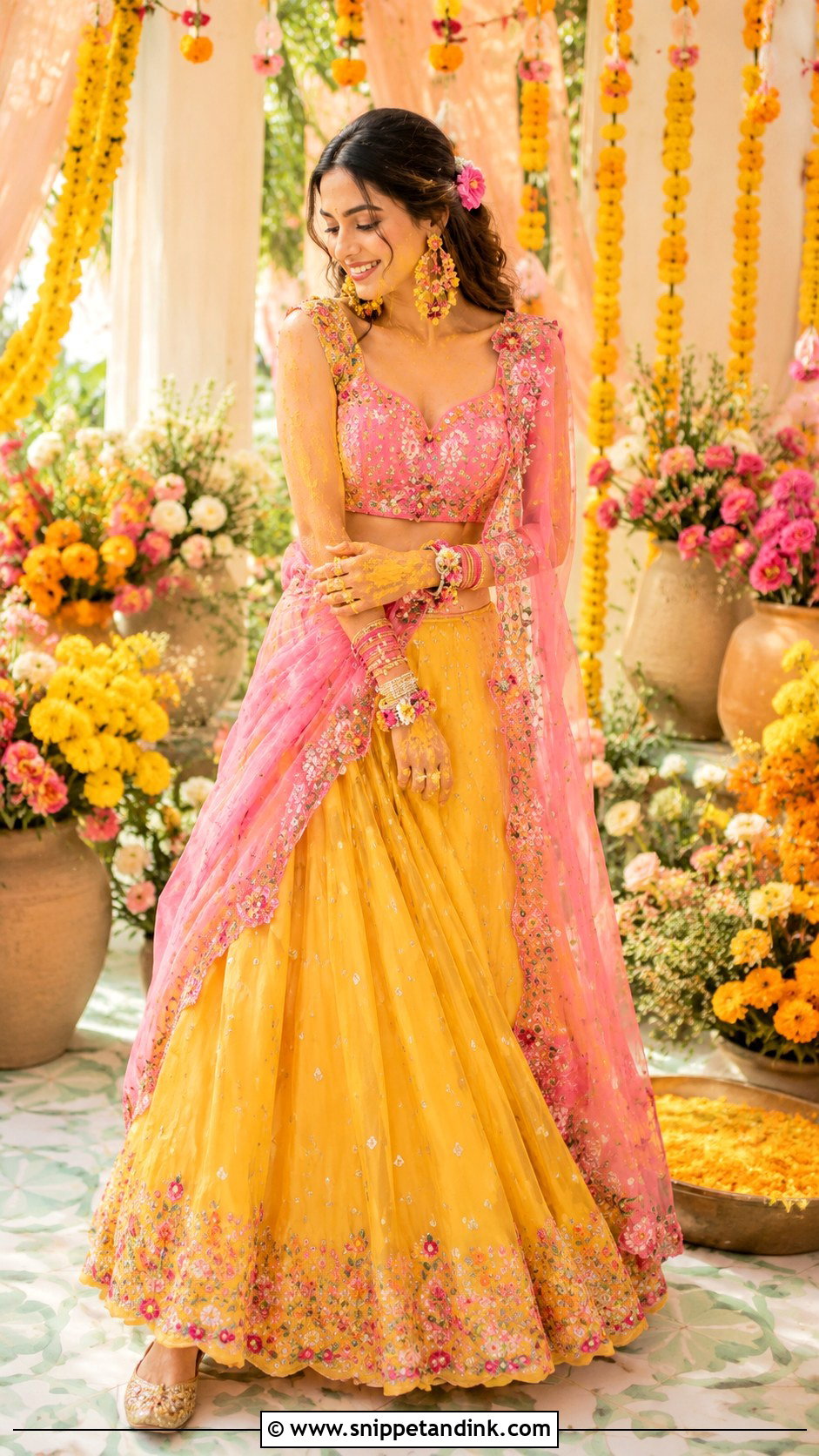 Yellow Pink Haldi Outfit for Bride - Snippet and Ink - 25 Yellow Haldi Outfit for Bride Ideas
