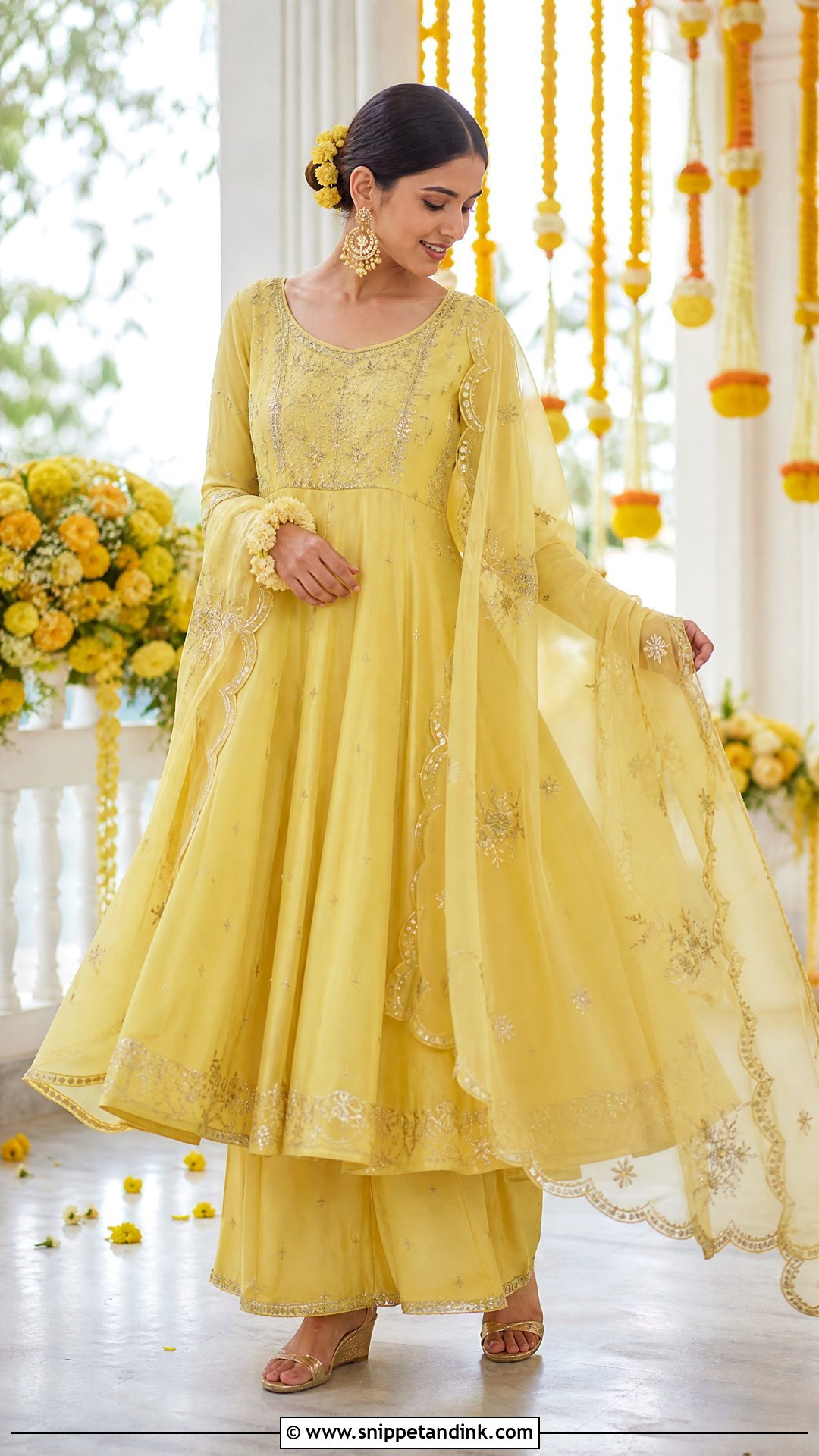 Yellow Pithi Anarkali With Palazzo Pants - Snippet and Ink - 20 Yellow Pithi Outfit Ideas