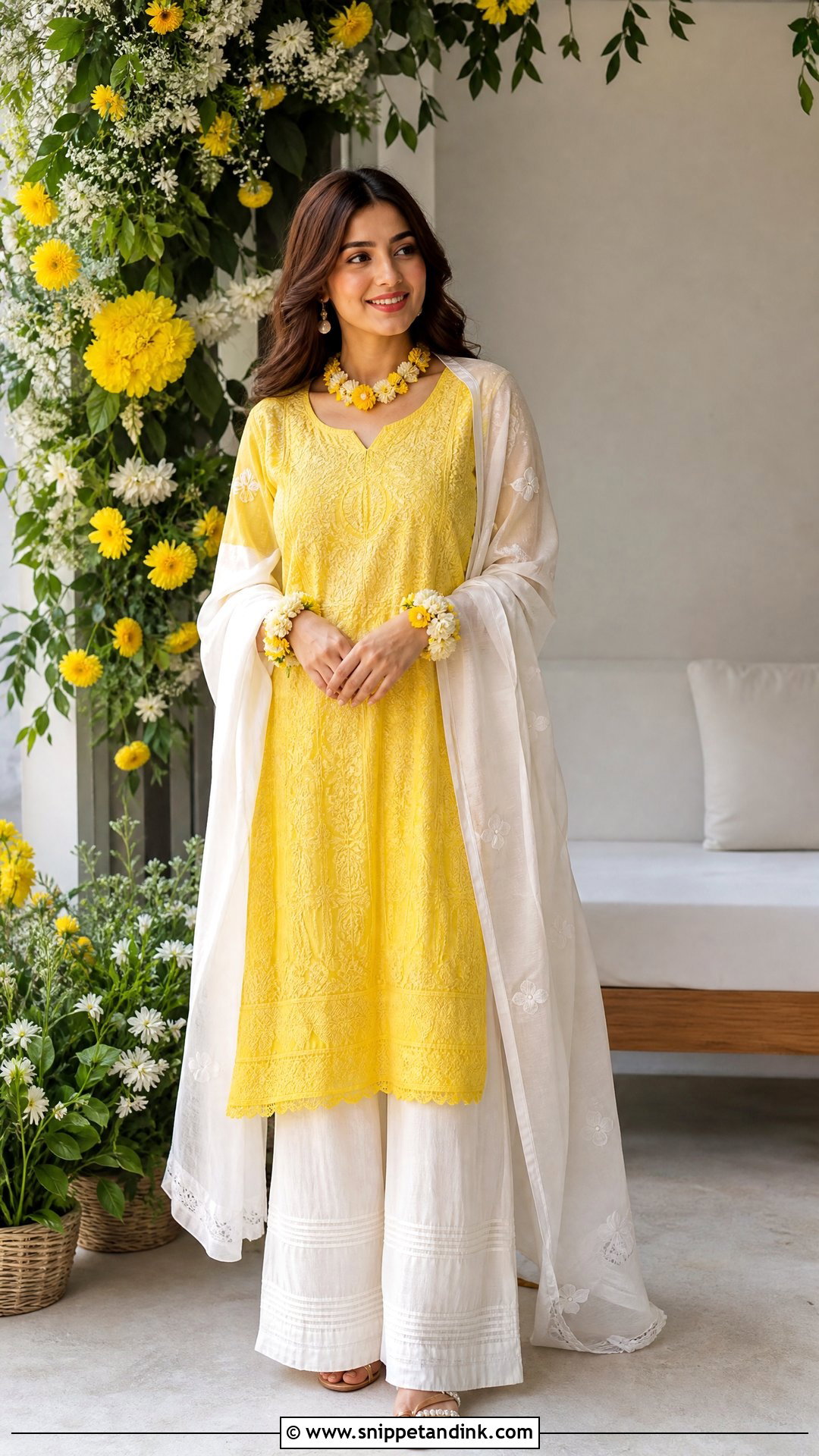 Yellow Pithi Chikankari Kurta With White Palazzo - Snippet and Ink - 20 Yellow Pithi Outfit Ideas