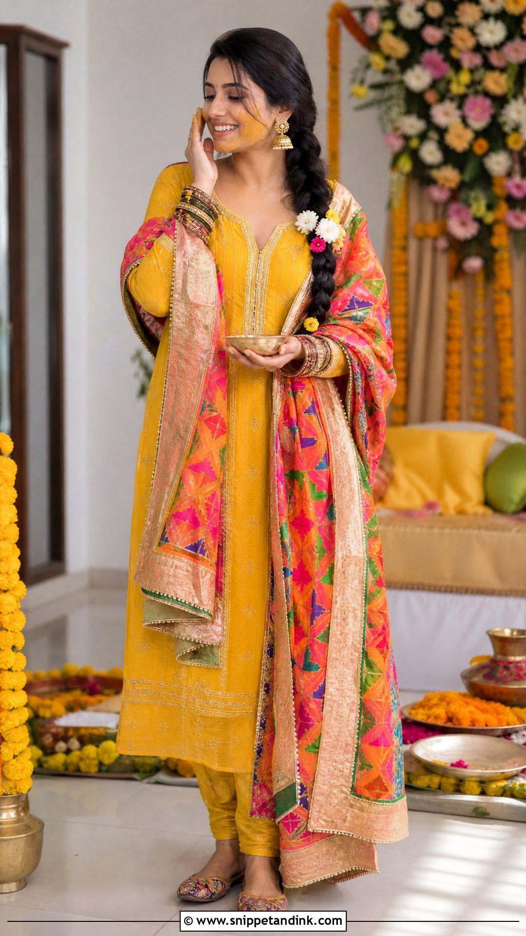 Yellow Pithi Cotton Salwar Suit With Phulkari Dupatta - Snippet and Ink - 20 Yellow Pithi Outfit Ideas