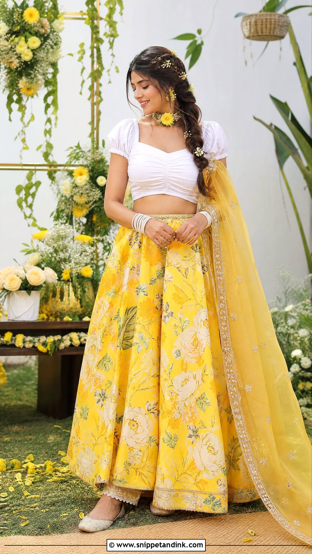 Yellow Pithi Floral Skirt With White Crop Top - Snippet and Ink - 20 Yellow Pithi Outfit Ideas