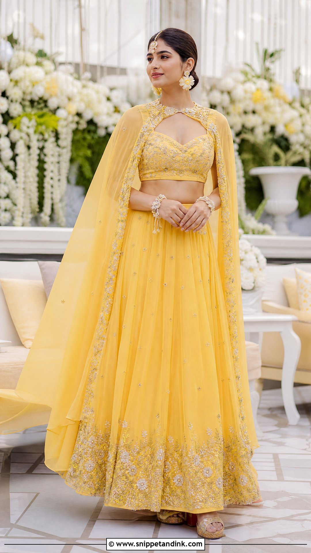Yellow Pithi Lehenga With Cape Blouse - Snippet and Ink - 20 Yellow Pithi Outfit Ideas