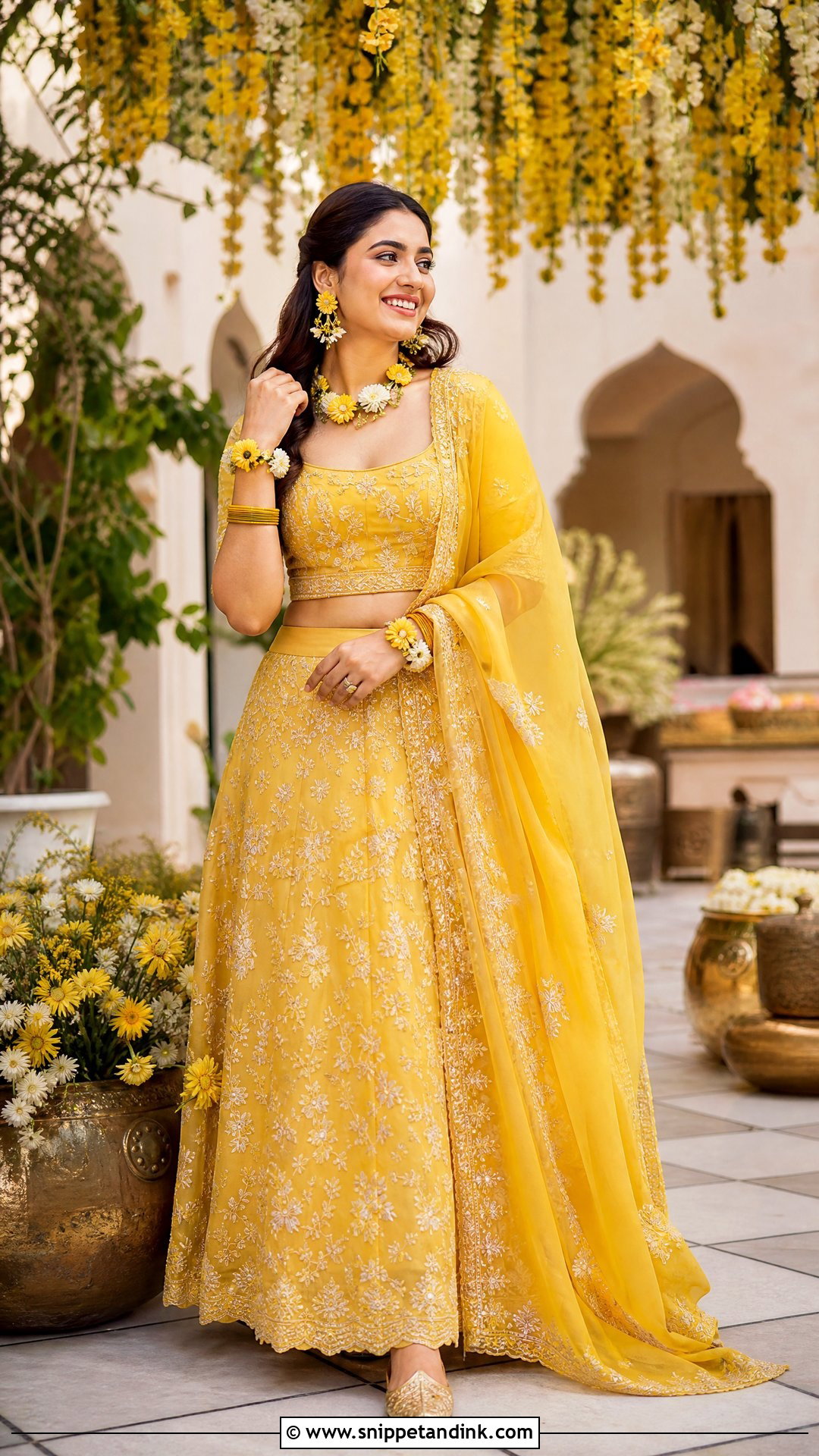 Yellow Pithi Lehenga With Floral Jewelry - Snippet and Ink - 20 Yellow Pithi Outfit Ideas
