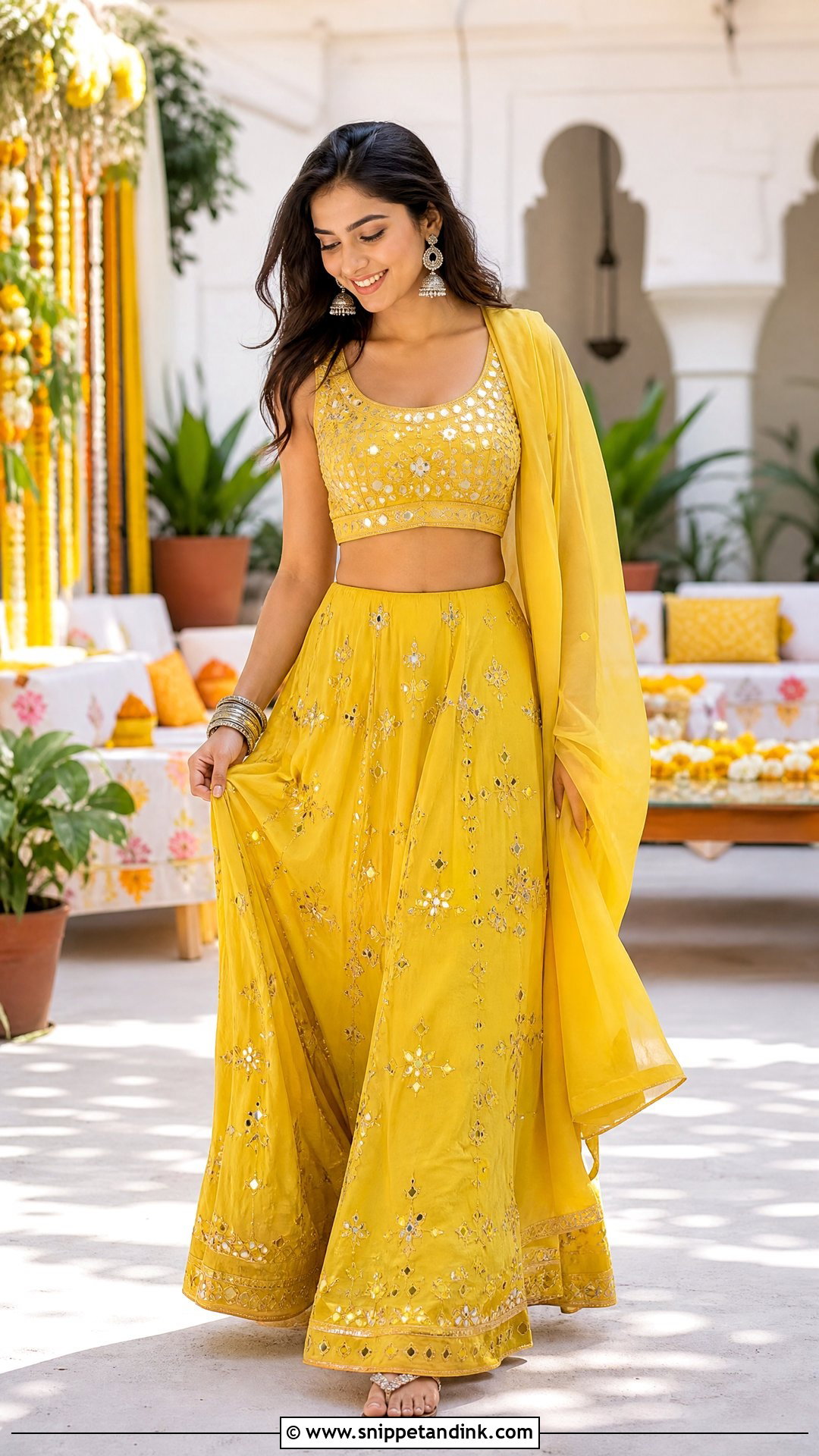 Yellow Pithi Mirror Work Crop Top And Skirt - Snippet and Ink - 20 Yellow Pithi Outfit Ideas