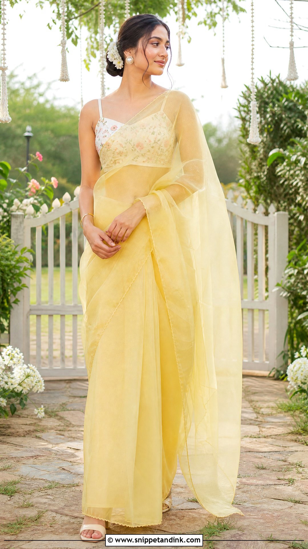 Yellow Pithi Organza Saree With Floral Blouse - Snippet and Ink - 20 Yellow Pithi Outfit Ideas