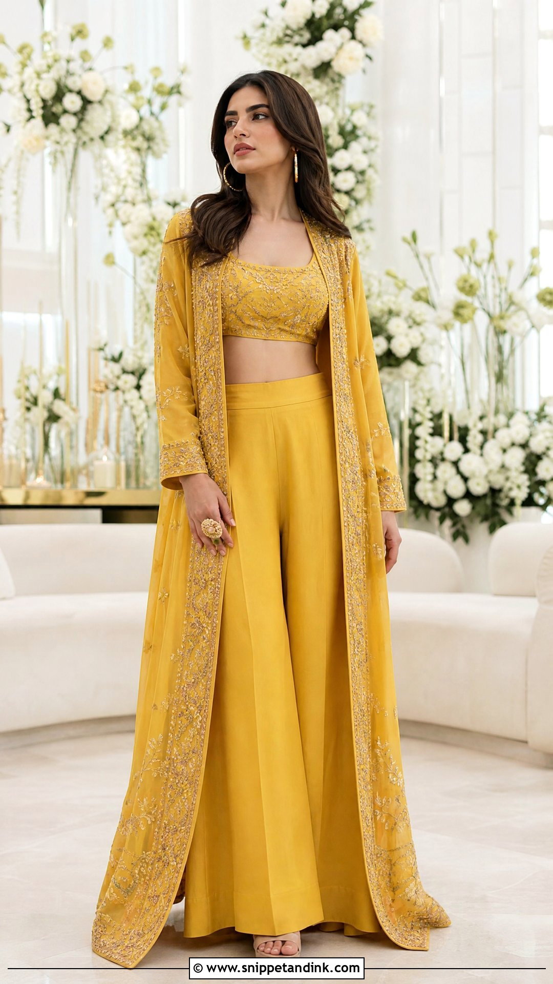 Yellow Pithi Palazzo Set With Long Jacket - Snippet and Ink - 20 Yellow Pithi Outfit Ideas