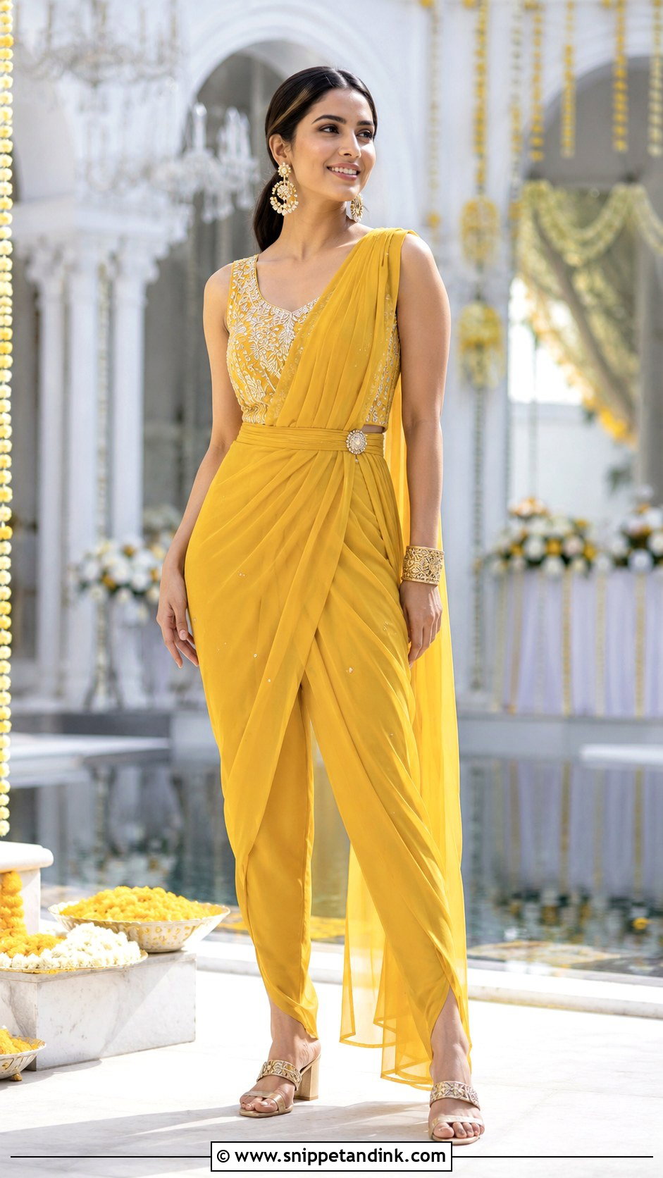 Yellow Pre Draped Pant Saree for Haldi - Snippet and Ink - 20 Haldi Theme Dress Ideas