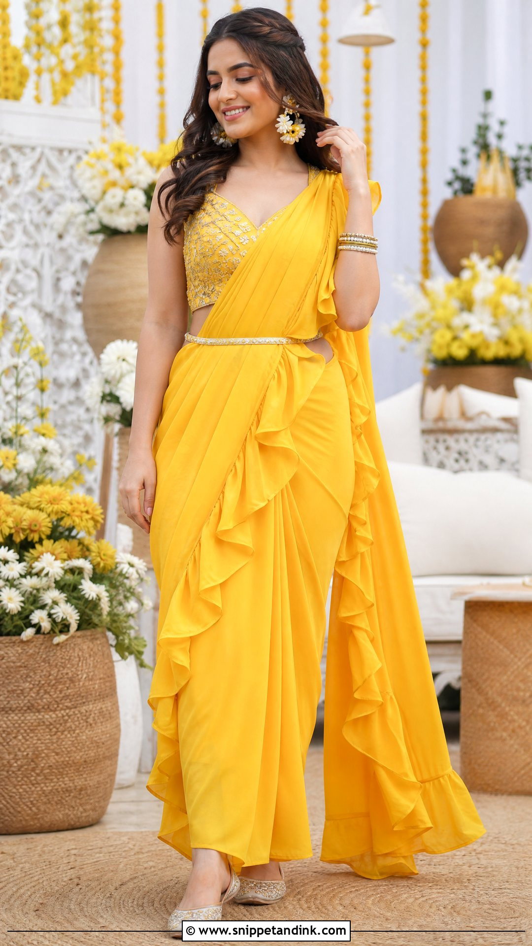 Yellow Pre Draped Saree For Haldi - Snippet and Ink - 25 Dress for Haldi Ideas