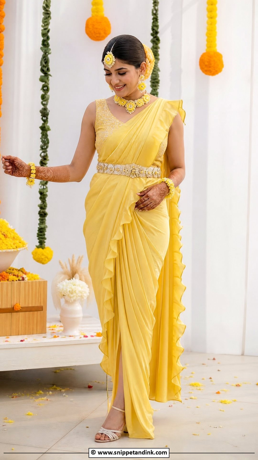 Yellow Pre Draped Saree For Haldi Bride - Snippet and Ink - 35 Haldi Outfit for Bride Ideas
