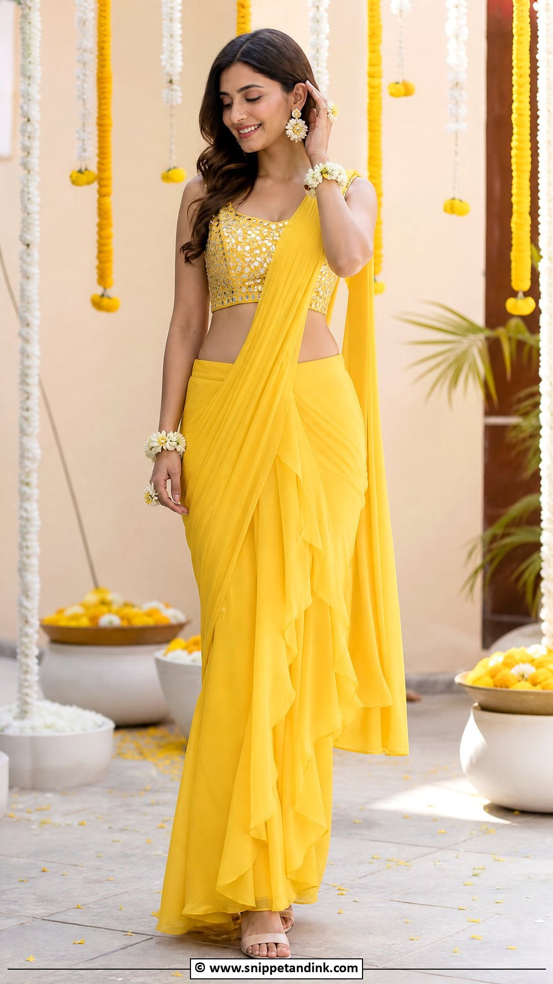 Yellow Pre Draped Saree For Haldi Ceremony - Snippet and Ink - 35 Haldi Ceremony Outfit for Bride Ideas
