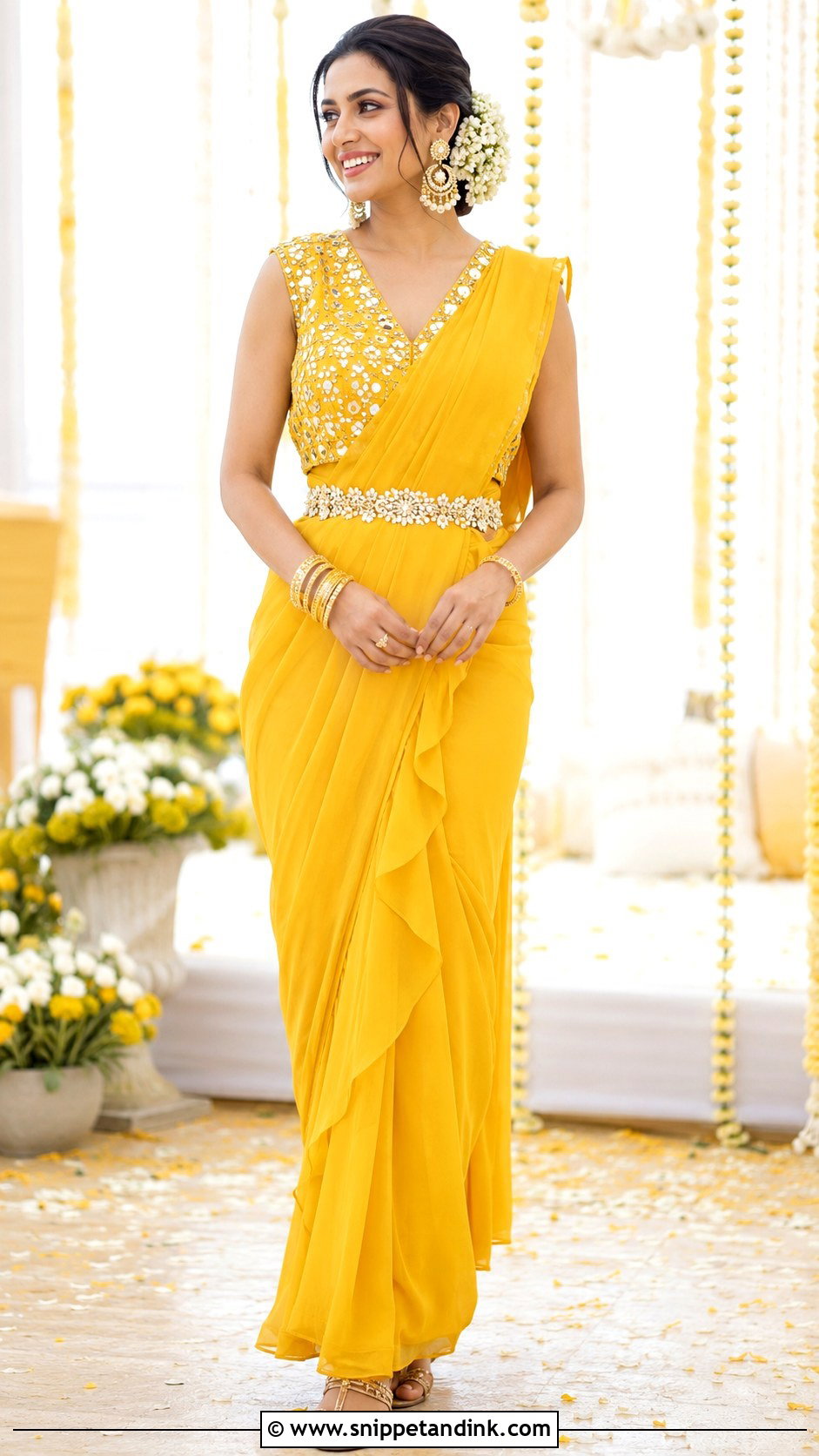 Yellow Pre Draped Saree Haldi Outfit - Snippet and Ink - 20 Indian Bride Haldi Outfit Ideas