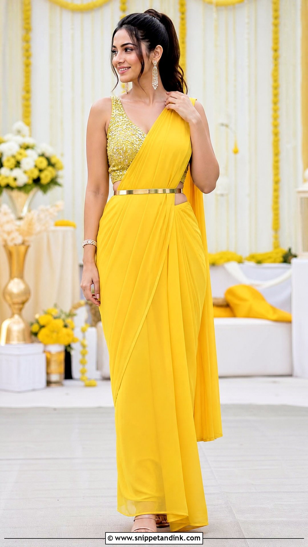 Yellow Pre Draped Saree Outfit - Snippet and Ink - 20 Yellow Haldi Outfit for Sister Ideas