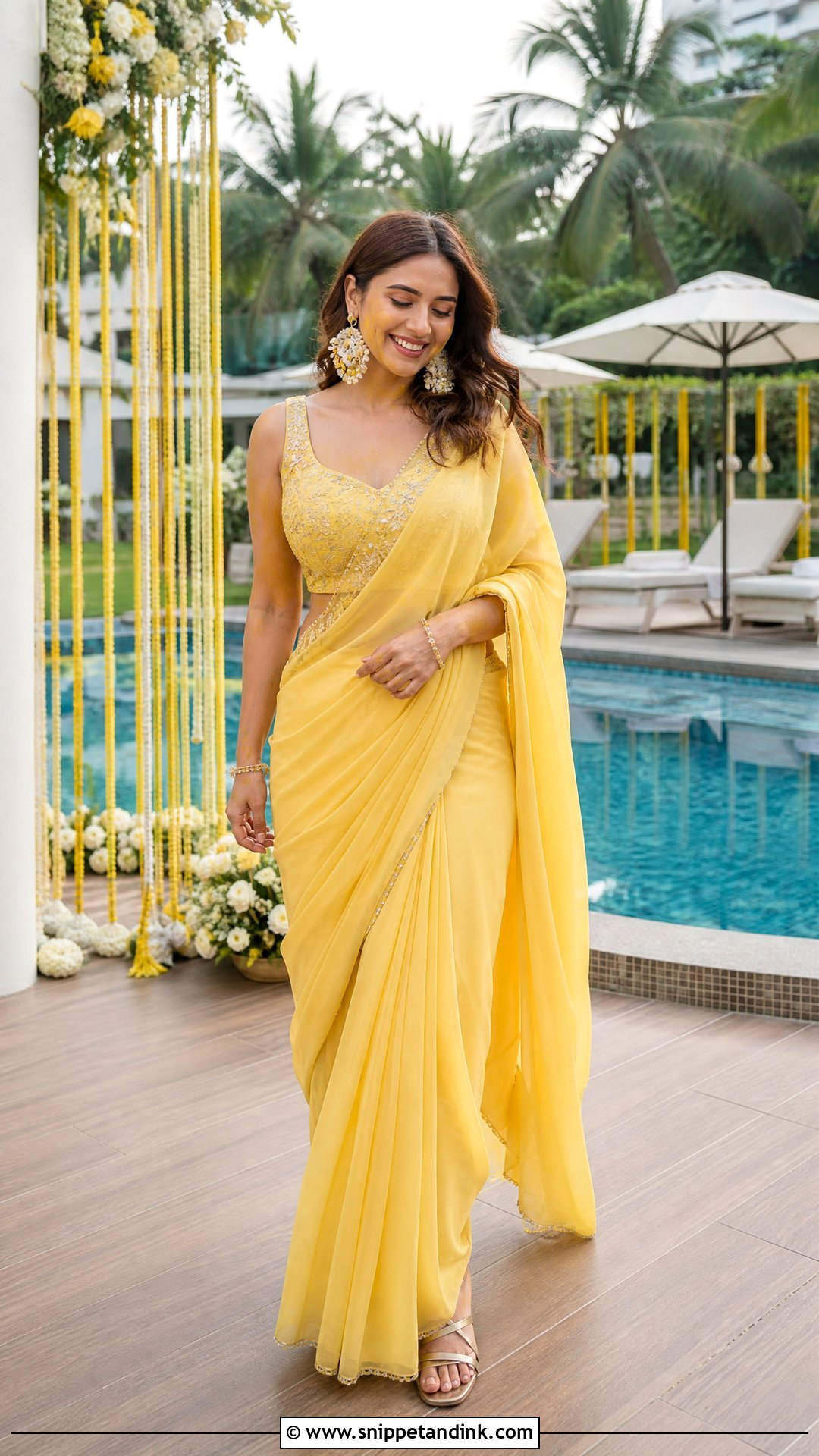 Yellow Pre Draped Saree Poolside Haldi Outfit - Snippet and Ink - 20 Pool Side Haldi Outfits