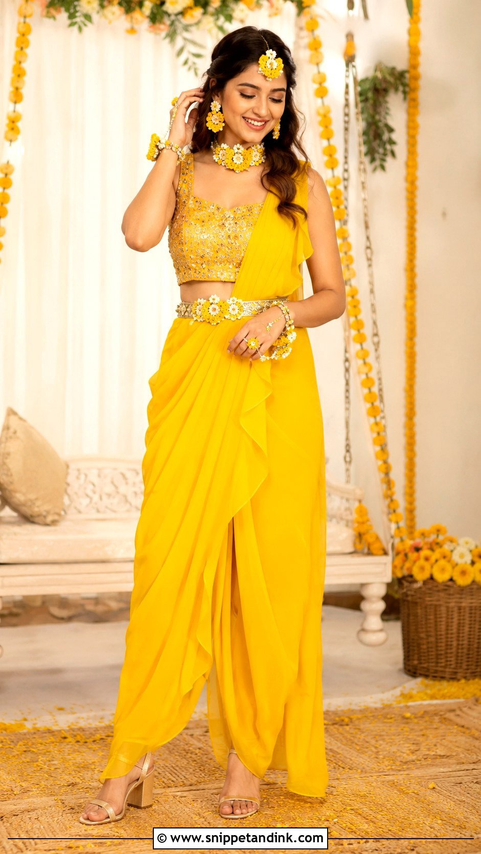 Yellow Pre Draped Saree for Haldi - Snippet and Ink - 25 Yellow Haldi Outfit for Bride Ideas