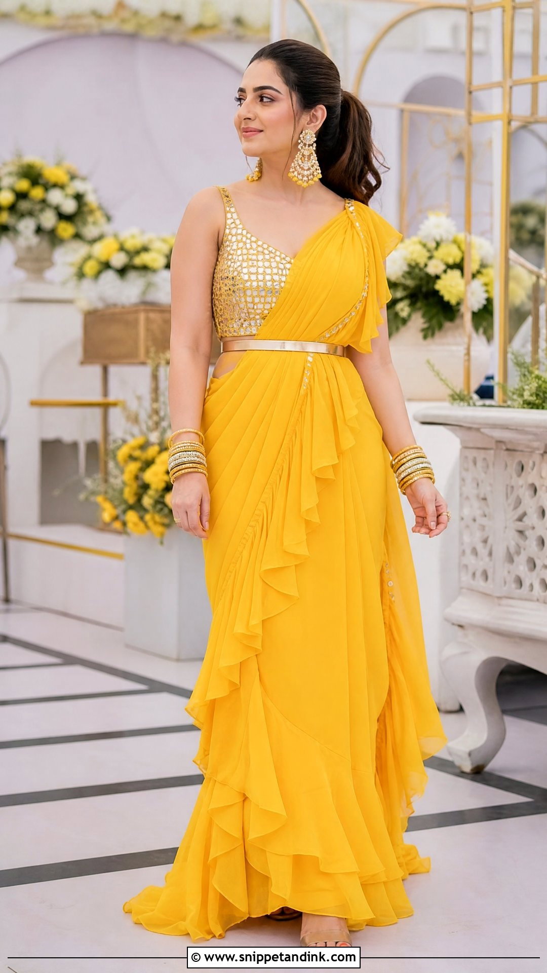Yellow Pre Draped Saree for Haldi - Snippet and Ink - 20 Yellow Colour Dress for Haldi Ideas