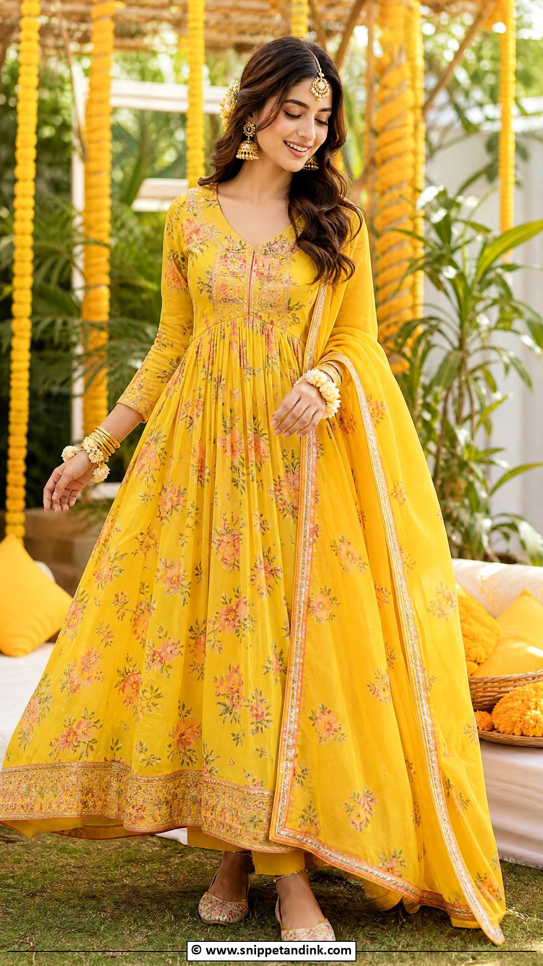 Yellow Printed Anarkali Haldi Dress - Snippet and Ink - 35 Haldi Dress Ideas