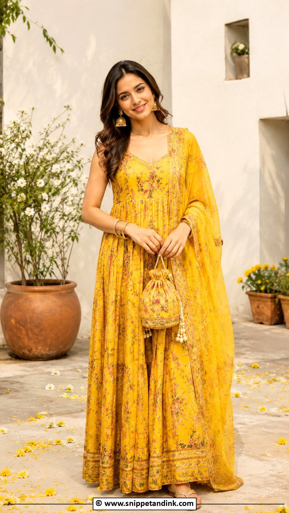 Yellow Printed Dress With Dupatta For Haldi - Snippet and Ink - 30 Simple Haldi Dress Ideas