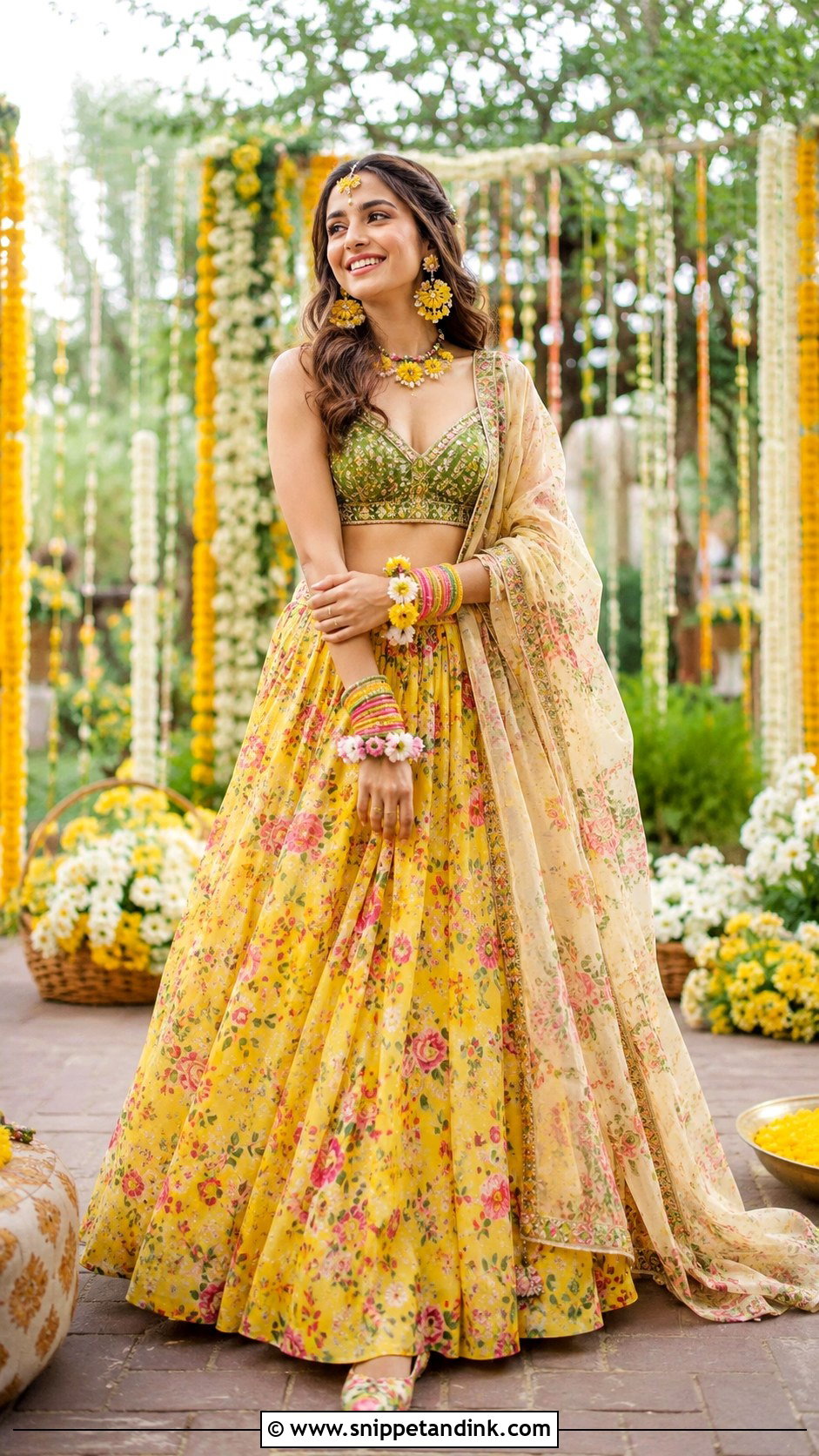 Yellow Printed Haldi Lehenga - Snippet and Ink - 30 Indian Bridal Haldi Outfit Ideas