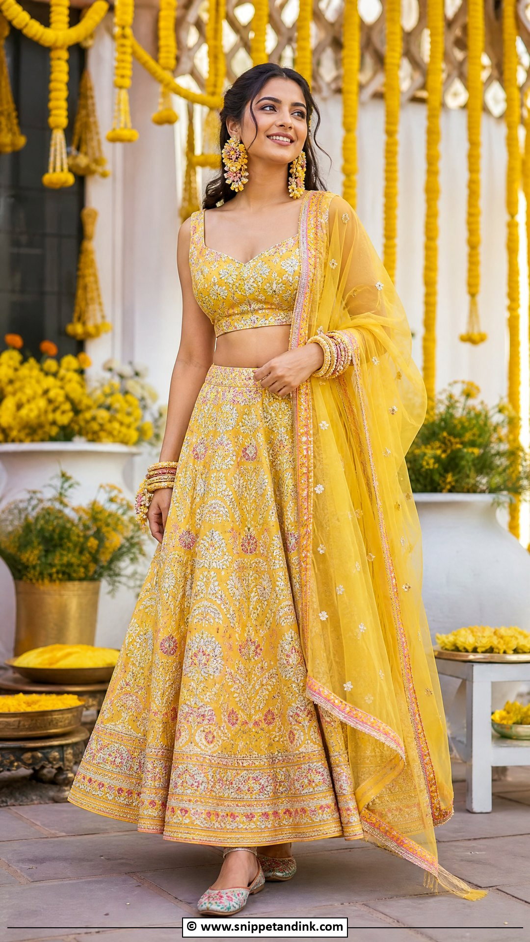 Yellow Printed Lehenga For Haldi Ceremony - Snippet and Ink - 35 Haldi Ceremony Outfit for Bride Ideas