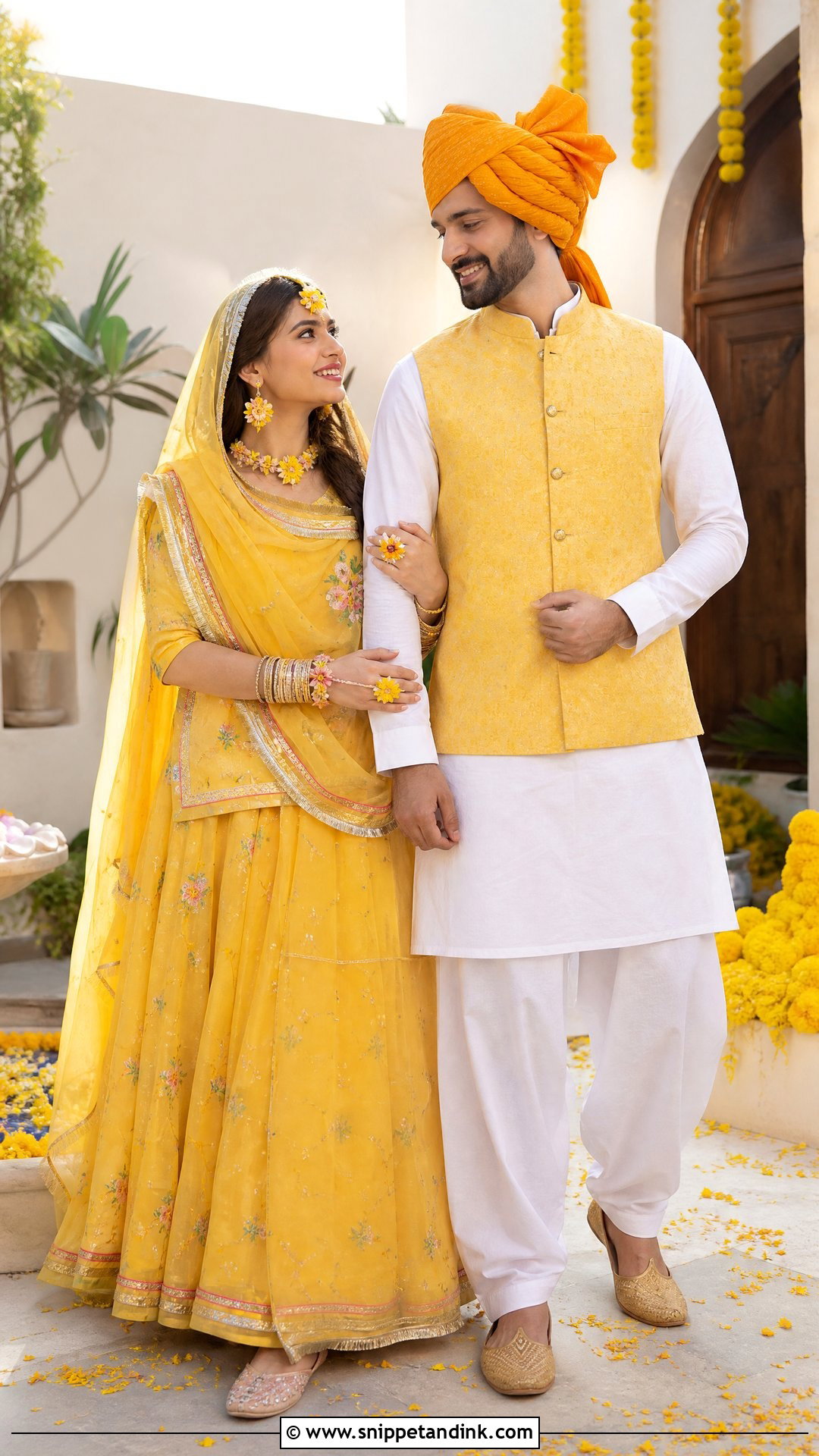Yellow Rajputi Haldi Couple Outfit - Snippet and Ink - 20 Rajputi Couple Ideas