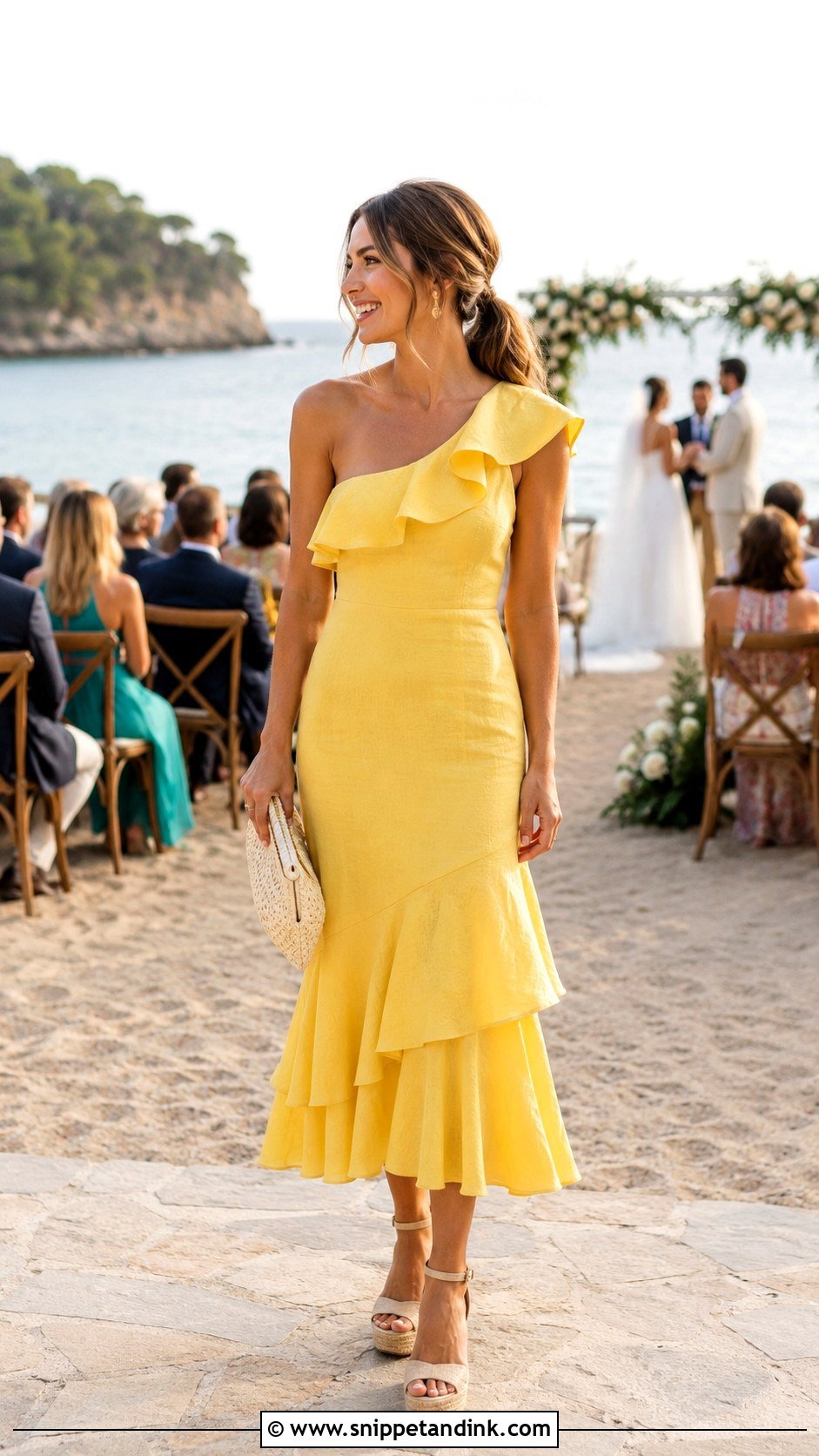 Yellow Ruffle Midi Beach Wedding Dress - Snippet and Ink - 20 Beach Wedding Ideas Dresses