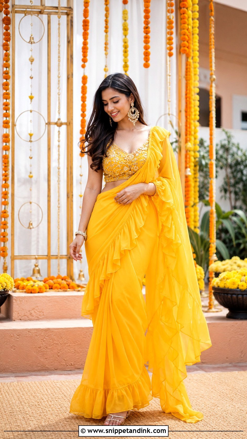 Yellow Ruffle Saree Dress For Haldi - Snippet and Ink - 25 Yellow Dress for Haldi Ideas
