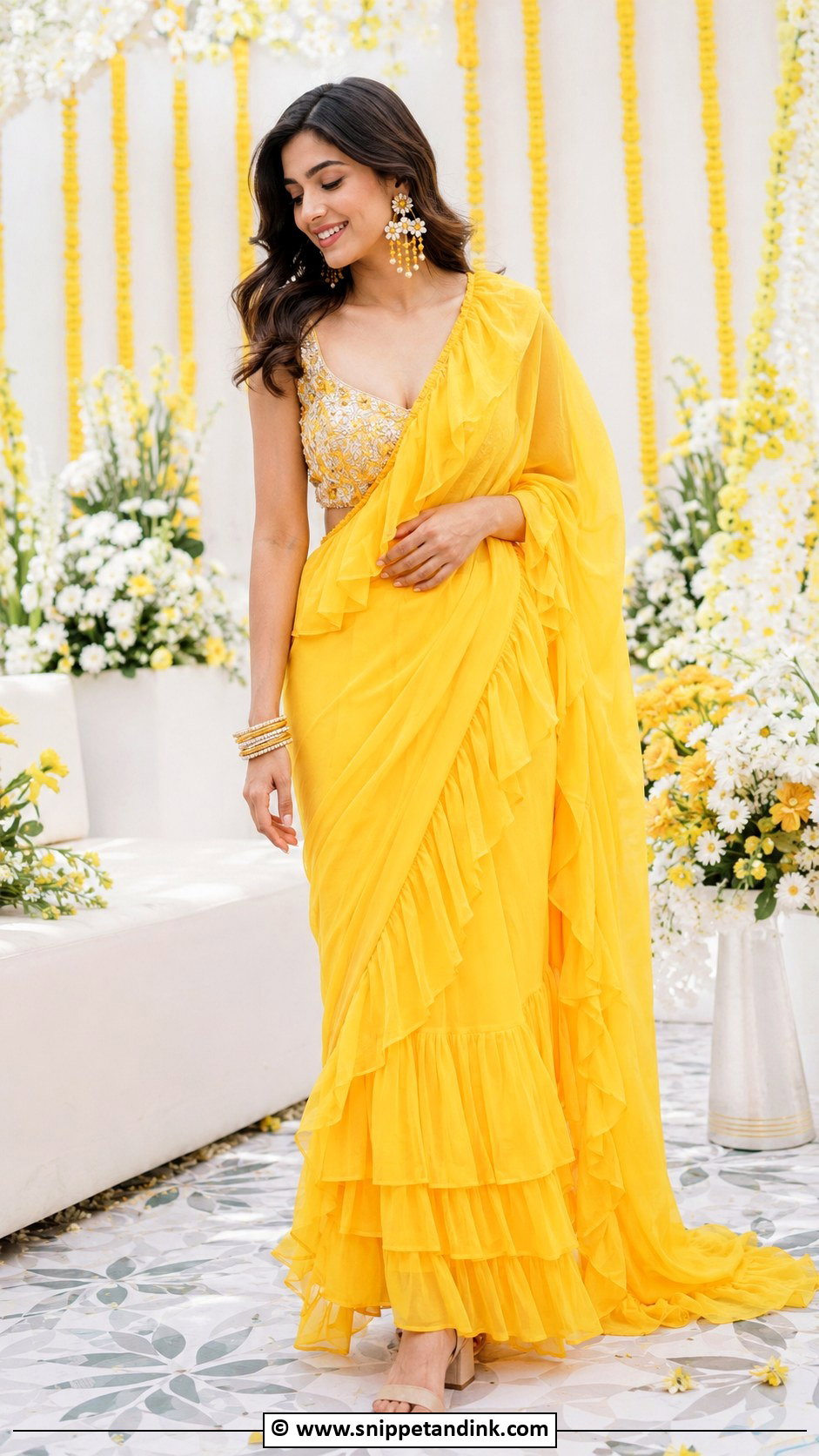 Yellow Ruffle Saree For Haldi - Snippet and Ink - 30 Indian Haldi Ceremony Outfit for Sister Ideas