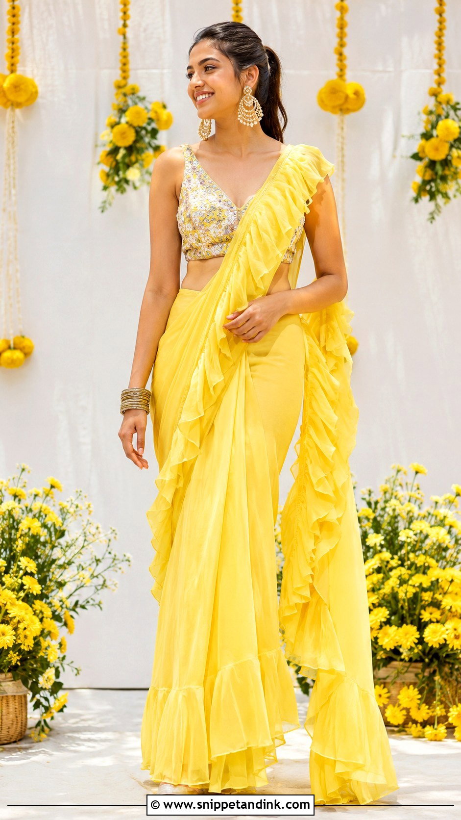 Yellow Ruffle Saree For Haldi - Snippet and Ink - 25 Haldi Ceremony Dress Ideas