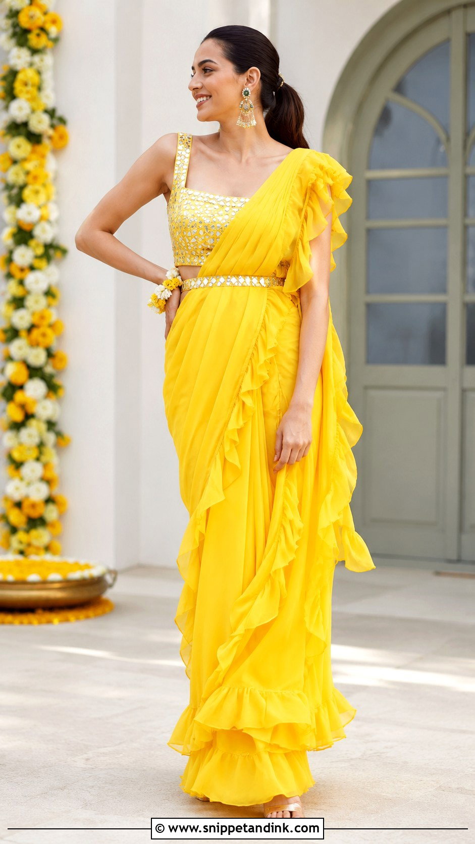 Yellow Ruffle Saree For Haldi - Snippet and Ink - 20 Haldi Trending Outfits