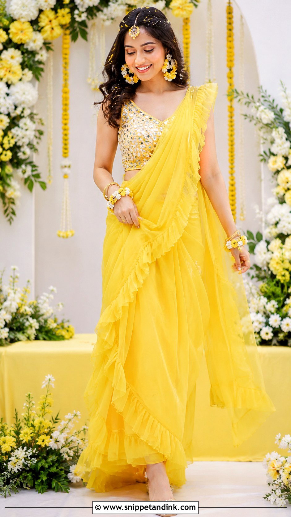 Yellow Ruffle Saree Haldi Dress for Bride - Snippet and Ink - 25 Indian Haldi Dress for Bride Ideas