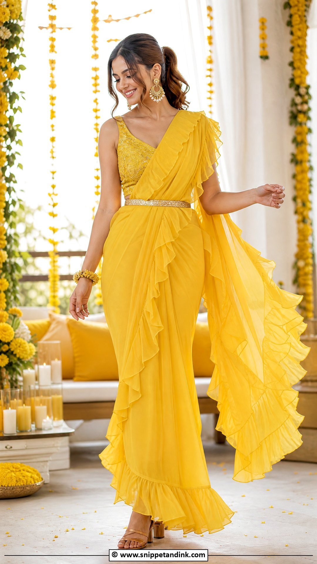 Yellow Ruffle Saree Haldi Dress - Snippet and Ink - 35 Haldi Dress Ideas