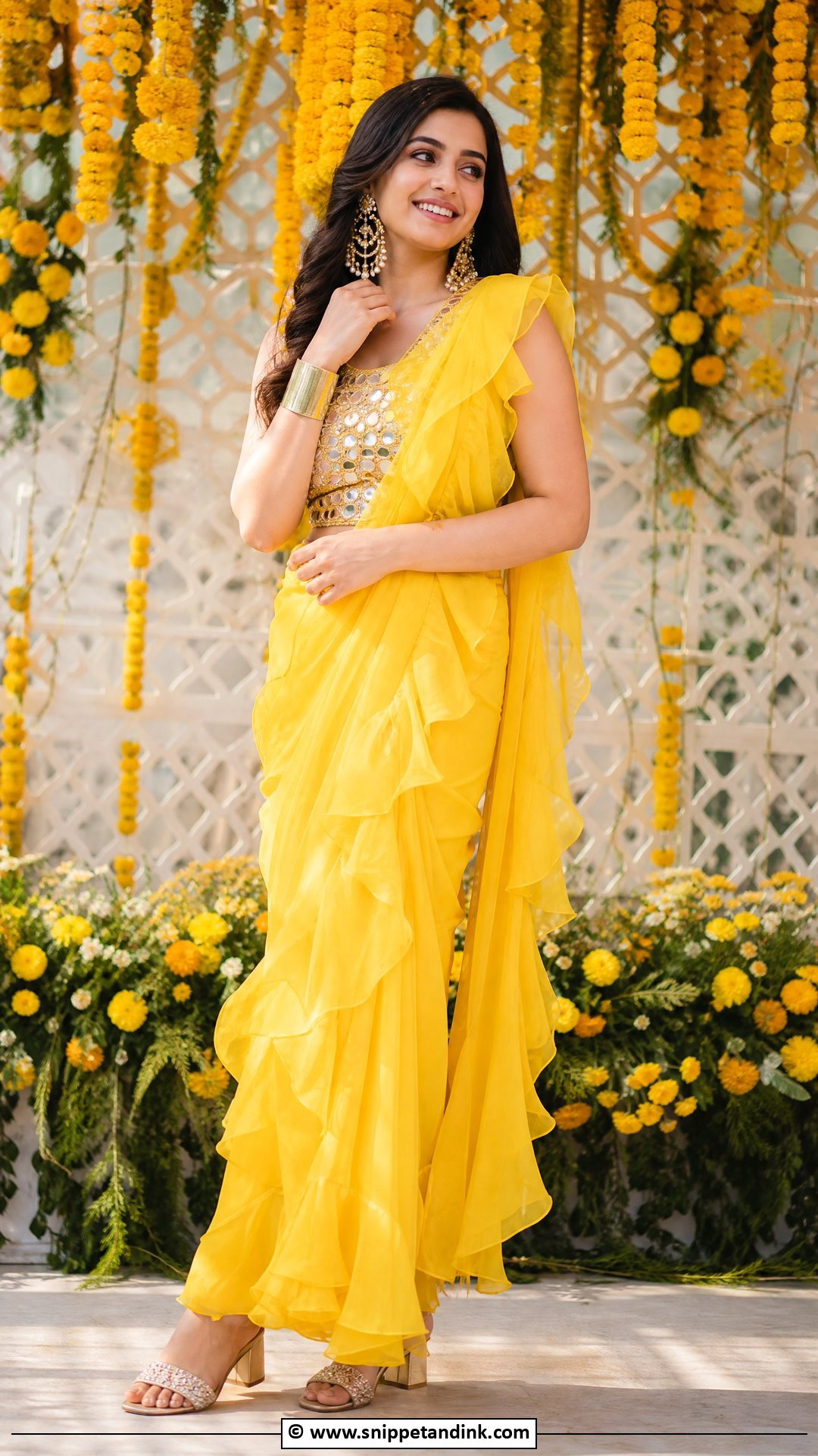 Yellow Ruffle Saree Haldi Outfit - Snippet and Ink - 35 Haldi Outfits for Sister