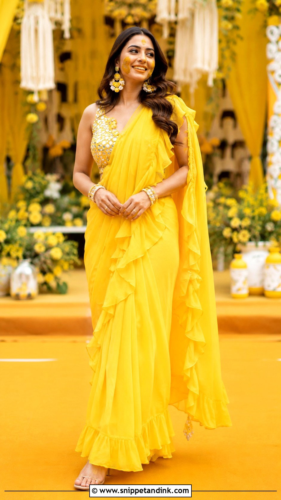 Yellow Ruffle Saree Haldi Outfit - Snippet and Ink - 30 Indian Bridal Haldi Outfit Ideas