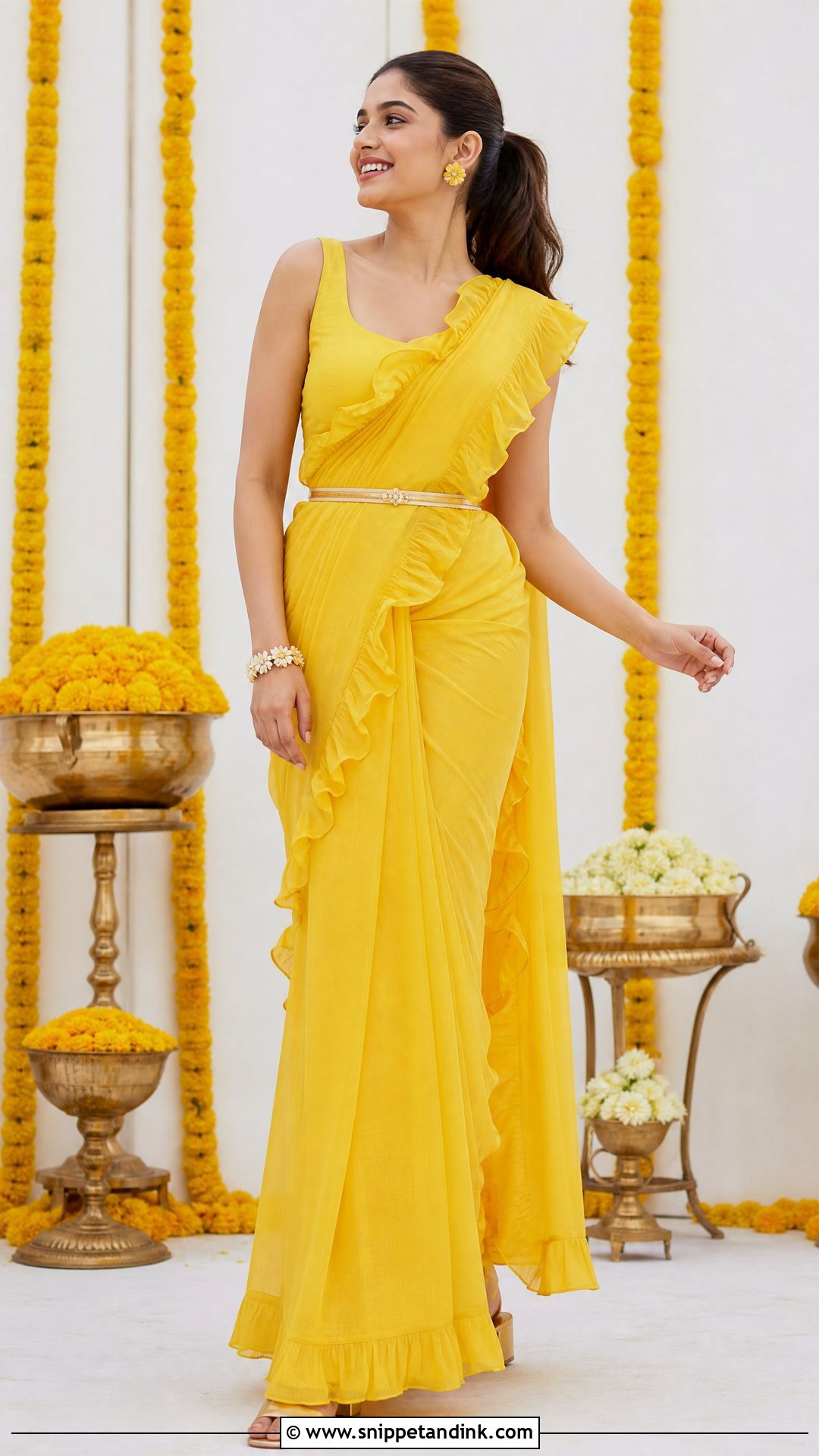 Yellow Ruffle Saree Haldi Outfit - Snippet and Ink - 25 Aesthetic Haldi Outfits