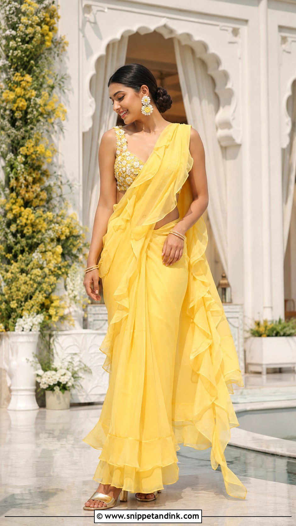 Yellow Ruffle Saree Haldi Outfit - Snippet and Ink - 20 Haldi Clothes for Bride Ideas
