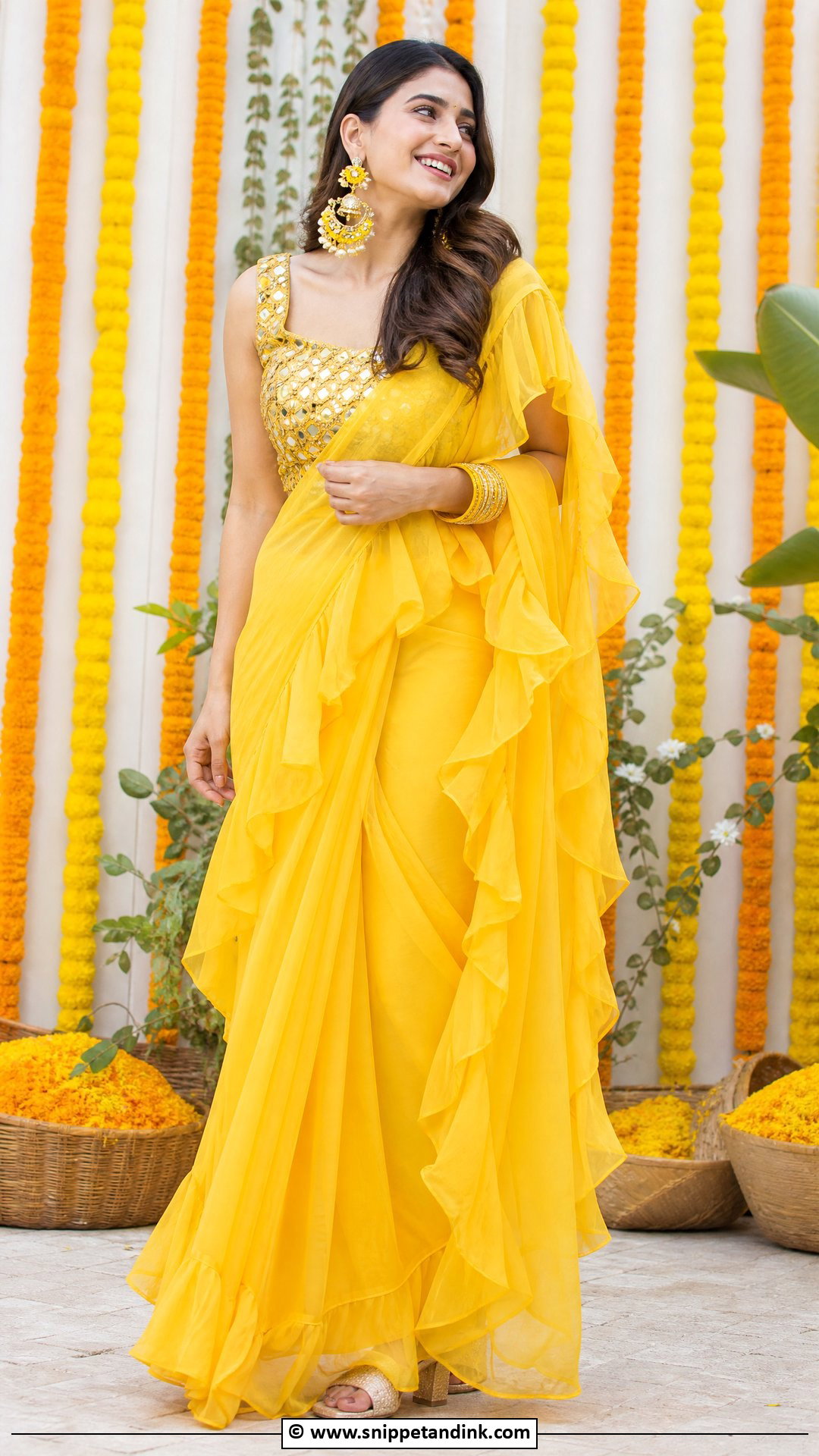 Yellow Ruffle Saree Haldi Outfit - Snippet and Ink - 35 Haldi Outfit Ideas